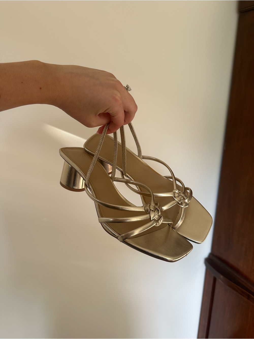 H&M Metallic Gold Knotted Strappy Block Heel Sandals